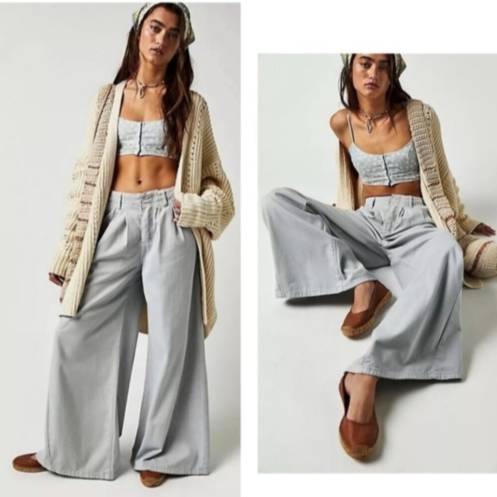 FREE PEOPLE Light As Spring Trousers Wide Leg Effortless Oversized Pants Grey 6